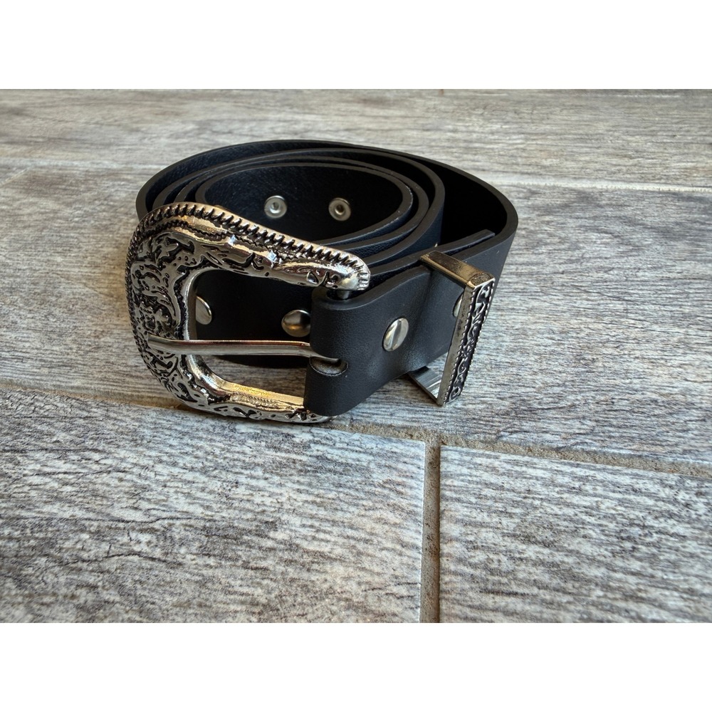 Western Faux Leather Belt Buckle Medium Black Engraved Floral Studded Western